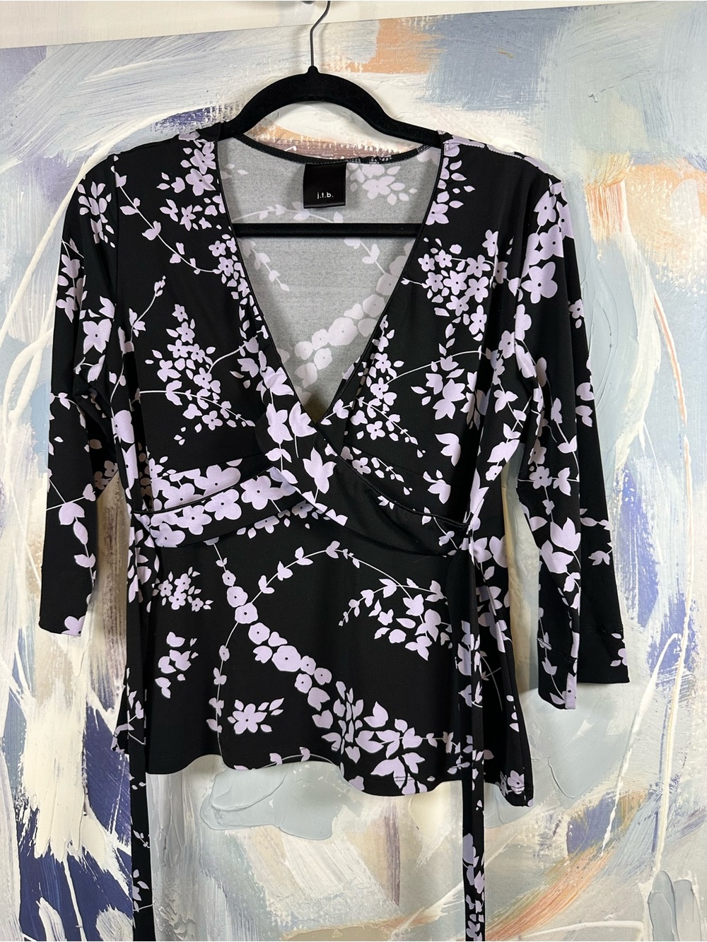 J.T.B. Black Lavender Floral Wrap Blouse 3/4 Sleeve Tie Waist Peplum Top L